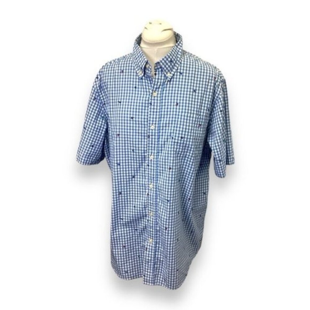 Chaps Mens Blue Gingham Flying Fishing Short Sleeve Shirt XL Cotton Easy Care